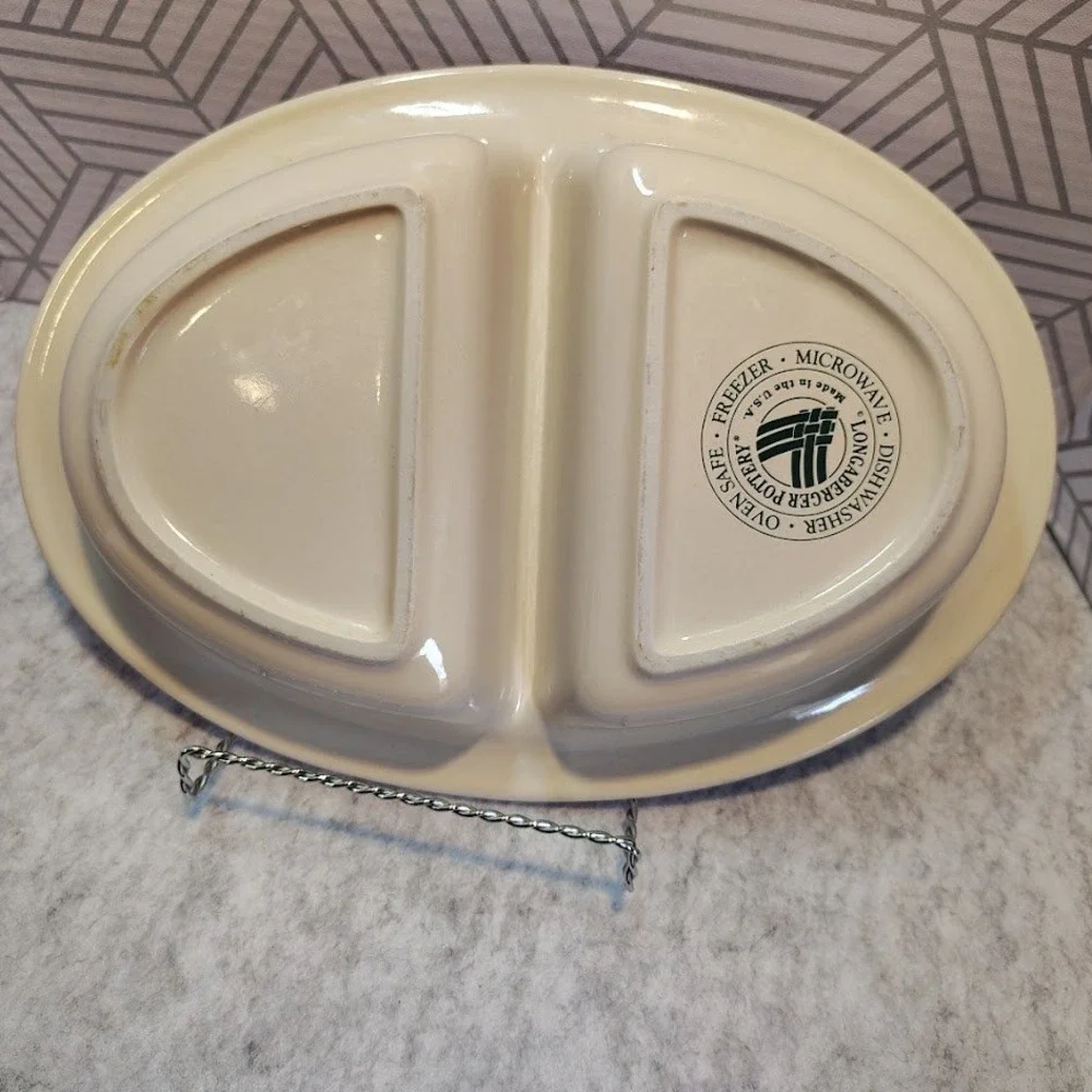 Longaberger Pottery Woven Traditions Ivory Heritage Green Divided Dish‎ 31615